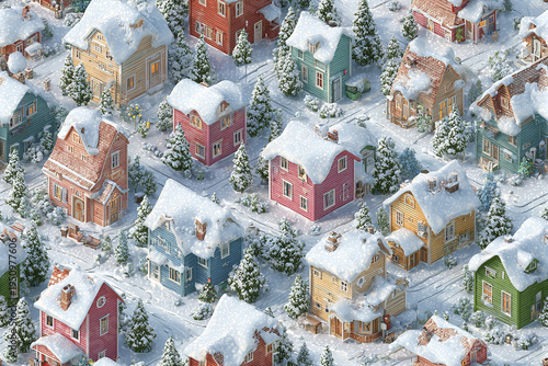 Isometric snowy Christmas village seamless pattern with colorful houses covered in snow and surrounded by snow covered trees creating festive winter atmosphere