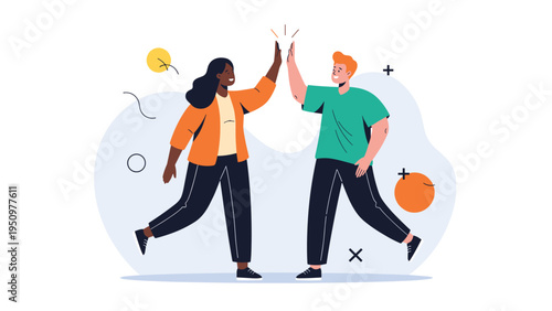 Two diverse people, a woman and a man, jumping in the air and giving a high five to celebrate a shared success.