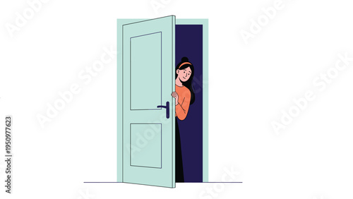 Curious young woman peeking through a partially opened door from a dark room into a bright hallway for a surprise.