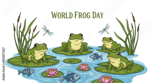 Illustration of frogs on lily pads in a pond with fish and dragonflies for World Frog Day conservation awareness with a colorful design.