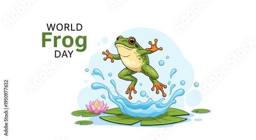A colorful vector illustration of a frog jumping on a lily pad with water splashes on World Frog Day for conservation awareness and amphibian wildlife concept.