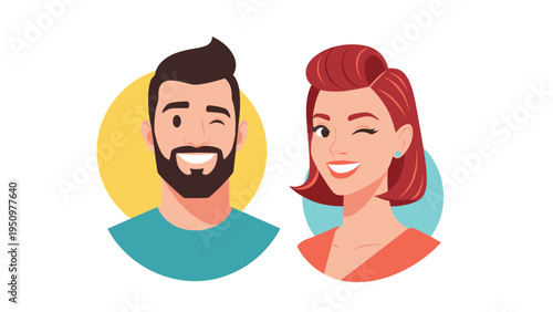 Set of two playful portraits featuring a man and a woman winking and smiling against colorful circular backgrounds.