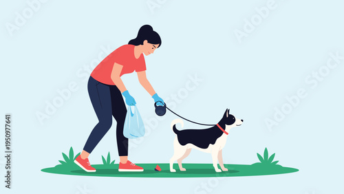 Responsible female pet owner wearing gloves while picking up her dog's waste with a plastic bag in a green park.