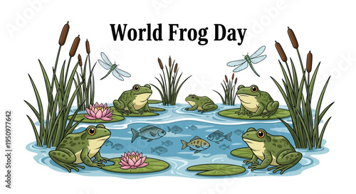 Illustration of frogs and dragonflies in a pond with aquatic plants for World Frog Day, promoting frog conservation awareness with a natural and serene mood.