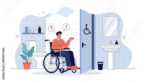 Disabled man in a wheelchair using an accessible public restroom with modern facilities and inclusive design features.