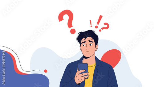 Confused young man holding a smartphone and looking at the screen with question marks and exclamation points above him.