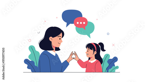 Woman and little girl communicating using sign language with speech bubbles above them representing their conversation.