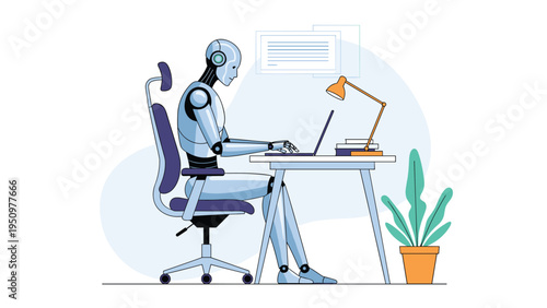 Humanoid robot sitting at an office desk and working on a laptop computer representing artificial intelligence technology.