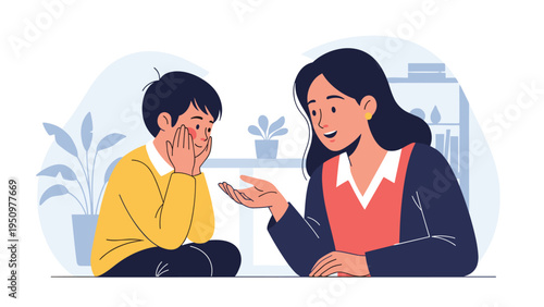 Caring mother or teacher sitting on the floor and talking to a young boy in a supportive and educational environment.