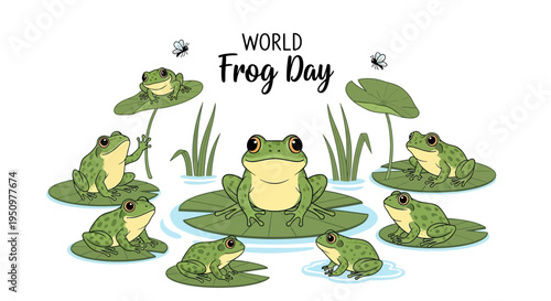 Illustration of frogs on lily pads with 'World Frog Day' text on a white background, promoting amphibian conservation awareness with a playful design.