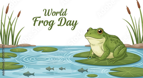 фотографія A green frog sitting on a lily pad in a pond with water ripples and cattails, celebrating World Frog Day with a conservation awareness theme
