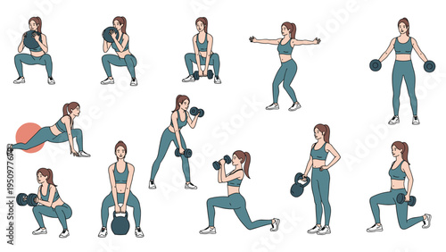 Collection of female characters performing various fitness exercises and strength training with dumbbells and kettlebells.