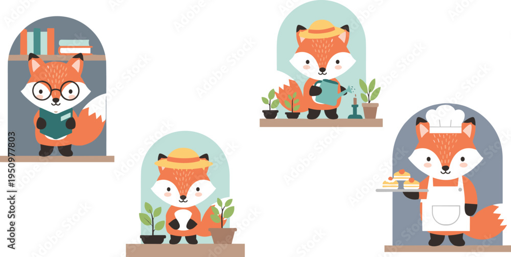 Fototapeta premium Cute Cartoon Fox Profession Characters Set Featuring Scientist Gardener Farmer and Chef Animal Illustrations for Kids Storybooks Educational Graphics and Creative Design.