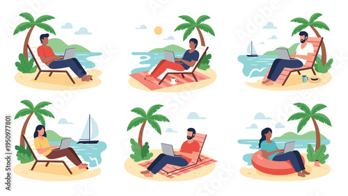 Set of people working remotely on laptops while relaxing on beach lounge chairs under palm trees by the ocean.