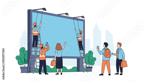 Team of maintenance workers using ladders to install a large blank blue billboard in a modern city environment.