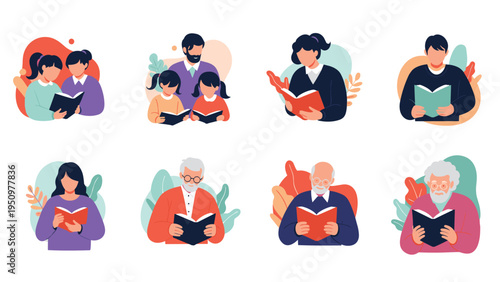 Collection of people from different generations including children, adults, and seniors reading books together.