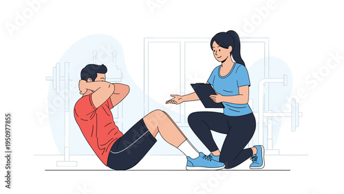 Female personal trainer with a clipboard assisting a man while he performs sit-ups during an intense fitness workout.