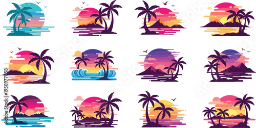 Tropical sunset island landscape vector illustration set with palm trees, ocean waves and colorful sunset scenes, summer vacation paradise collection