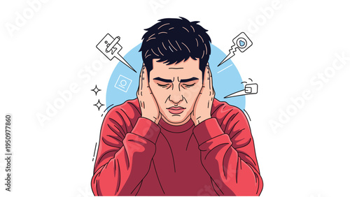 Stressed man covering his ears with his hands to block out loud and annoying noises represented by graphic symbols.