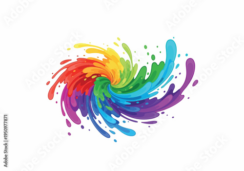 Dynamic rainbow color splash creating a vibrant swirling vortex of paint, expressing creativity, energy, and artistic freedom in a modern graphic