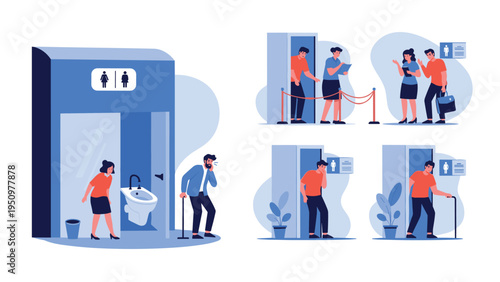 Group of people including elderly and disabled individuals having various difficulties using a public restroom facility.