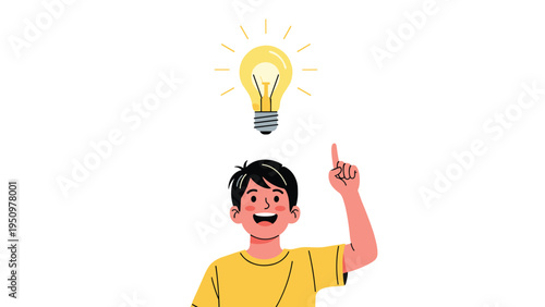Smiling young boy pointing up at a glowing light bulb above his head symbolizing a new creative idea or inspiration.