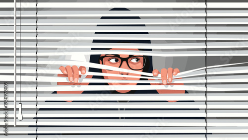 Person wearing glasses and dark hoodie peeking through white window blinds to spy or observe from a hidden position.