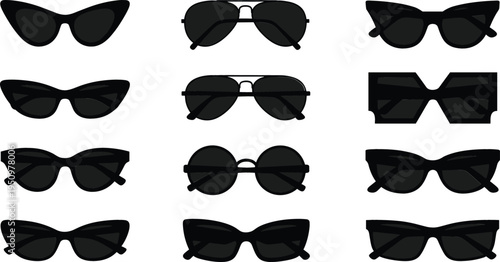 Black sunglasses collection vector illustration with modern fashion eyewear styles, trendy sun glasses set isolated, stylish accessory design for summer look