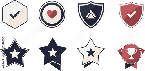 Achievement Badge and Award Icon Set with Shield Star Trophy Checkmark and Heart Symbols for Gamification Reward Systems Apps and Digital Interface Design.