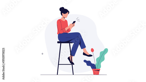 Young woman sitting on a high stool while focused on using her smartphone for communication or social media browsing.