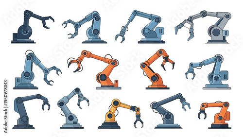 Collection of various industrial robotic arms used for manufacturing and automated production lines in modern factories.