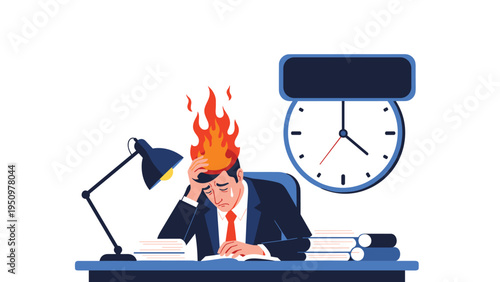 Stressed businessman sitting at his desk with head on fire representing burnout and extreme pressure from work deadlines.