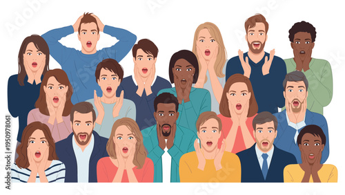 Diverse group of men and women showing various facial expressions of shock surprise and disbelief in a crowd.