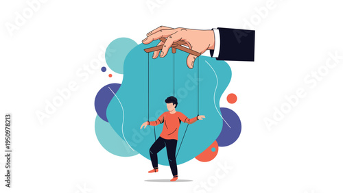 Large hand controlling a small man with strings like a puppet symbolizing manipulation or lack of control over one's life.