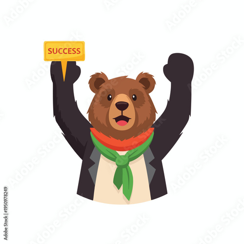Cheerful bear in a suit and scarf holding a success sign with raised paws