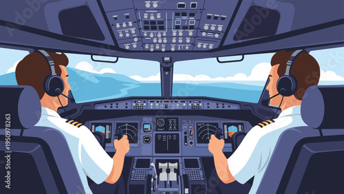 Two professional pilots sitting in the cockpit of a modern commercial airplane controlling the flight during daytime.