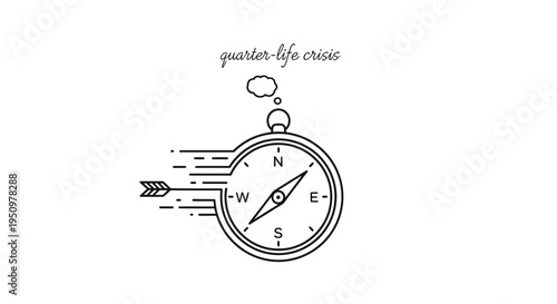 Quarter-life crisis compass pointing nowhere, lost direction, confusion, searching for purpose