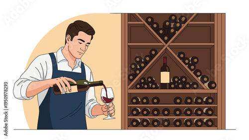 Sommelier wearing an apron pouring red wine into a glass in a cellar with many bottles on wooden shelves.