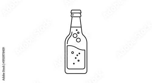 Refreshing Beer Bottle Icon with Bubbles, Minimalist Line Art, Vector Illustration