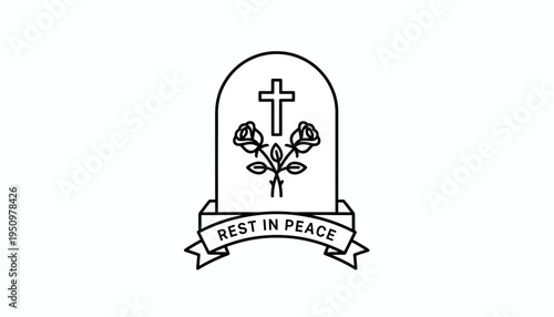 Rest In Peace Tombstone with Cross and Roses, Funeral Memorial Icon
