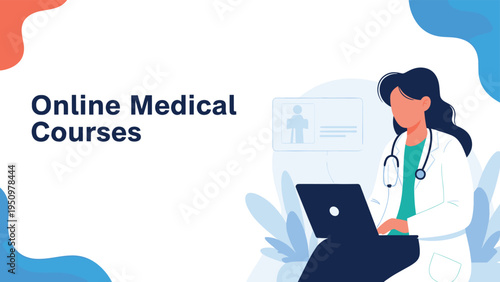 Female doctor using a laptop computer for professional online medical courses and distance learning in healthcare.