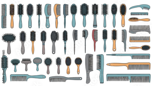 Extensive collection of different types of hair brushes and combs for hair styling and grooming purposes.