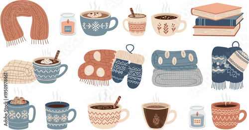 Cozy hygge winter set vector illustration with warm drinks, knitted scarf, mittens, candles and books, autumn comfort lifestyle collection design