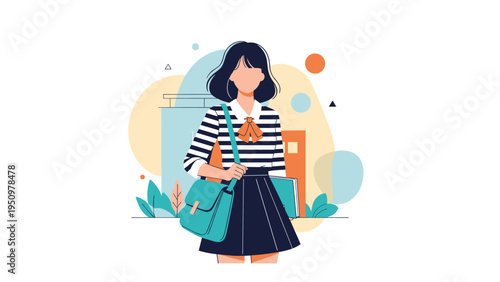 Portrait of a stylish young school girl wearing a striped shirt and blue backpack while holding a book for her class.