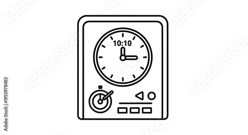 Retro kitchen timer with analog clock face and digital display, black and white line art icon.