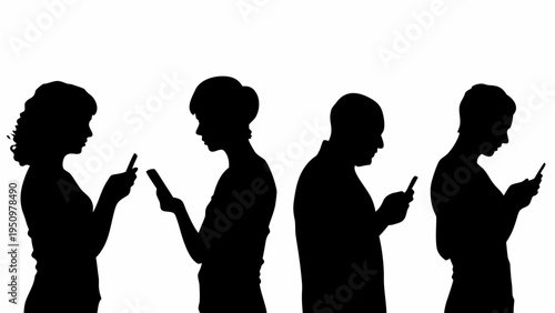 Four people silhouettes using smartphones in a row isolated on white background
