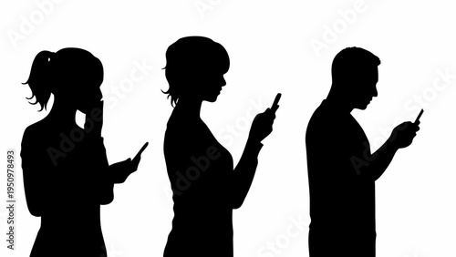 Black silhouettes of people using smartphones in a row focused on screens