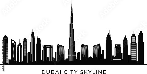 Dubai city skyline silhouette with Burj Khalifa and modern skyscrapers representing urban architecture,  business district and iconic United Arab Emirates cityscape isolated on white background