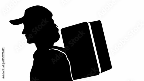 Black silhouette of delivery courier carrying package on back in profile view