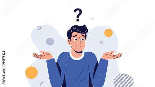 Confused young man shrugging his shoulders with hands up and a question mark over his head to express doubt or uncertainty.